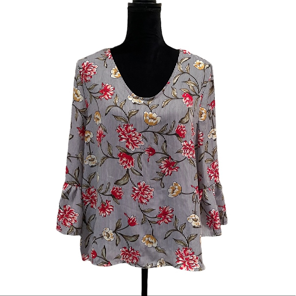 Como Black pullover floral stripe 3/4 sleeve v neck top blouse size extra large